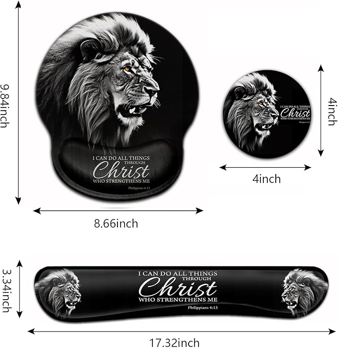 Ergonomic Mouse Pad Gel Wrist Support and Memory Foam Keyboard Wrist Rest Set for Gaming Computer Office Laptop Easy Typing Wireless Mouse Mat Fierce Lions Philippians 4:13 Verse Black Desk Pad