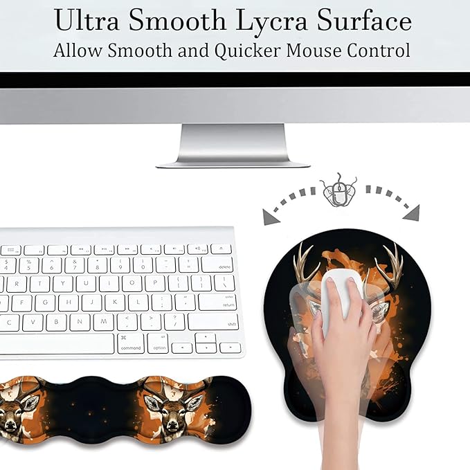 Mouse Wrist Rest and Keyboard Wrist Rest Pad+ Coaster Set Non-Slip Rubber Base Smooth Surface Ergonomic Gaming Mouse Pad for Easy Typing and Pain Relief Camo Tree Deer
