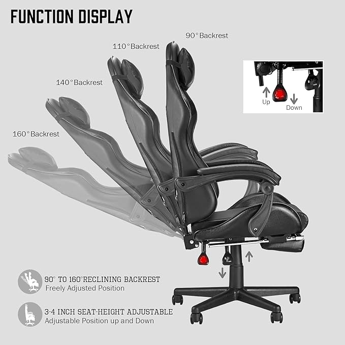 Huracan Gaming Computer Chair with Footrest Adjustable Video Game Chairs for Adults Heavy Duty Office Chair with Headrest and Lumbar Support Black