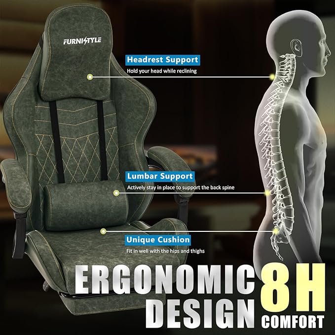 Gaming Chair Video Game Chairs with Large Headrest Pillow Linkage Armrests Retro PU Leather Ergonomic Computer Chair for Gaming or Office Green