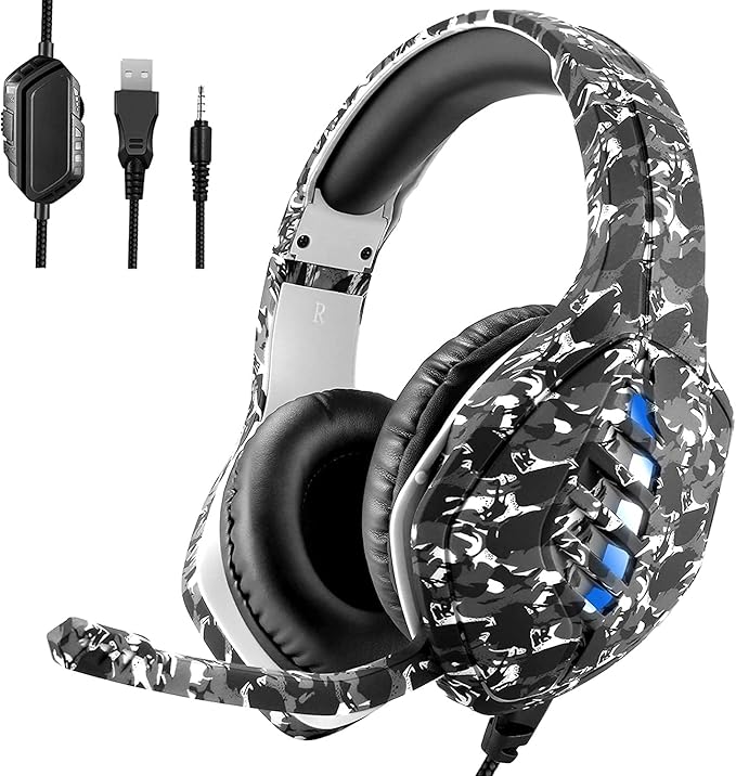 Gaming Headset with Microphone - for PC PS4 PS5 Switch Xbox One Xbox Series X|S - 3.5mm Jack Gamer Headphone with Noise Canceling Mic (Camo Black)