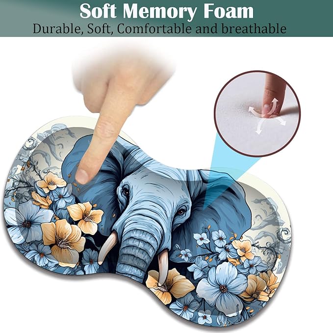 Large Game Mouse Pad + Wrist Support Pad + Coffee Coaster Desk Pad with Sewn Edges Anti-Slip Set pad Suitable for Office Work and Home - Elephant Blue Flowery