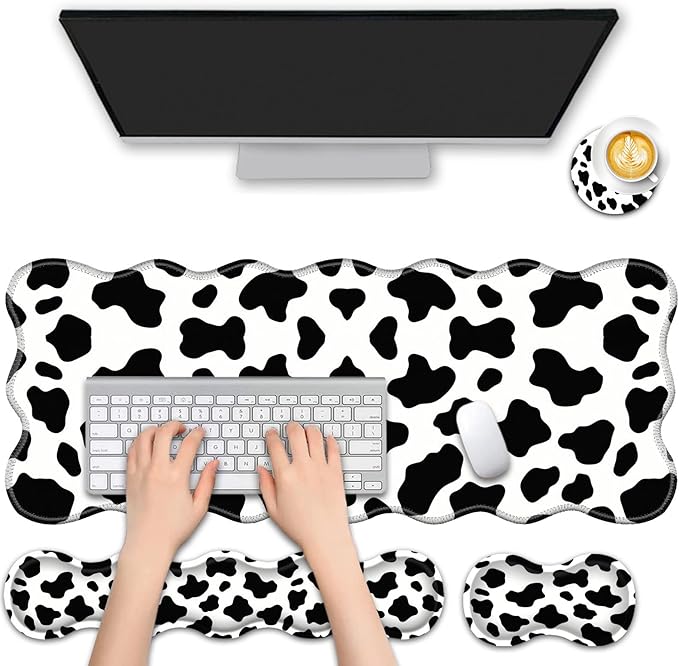 4 in 1 Desk Mat SetMouse Pad with Keyboard Wrist RestWave-Shaped DesignNon-Slip Rubber BaseWaterprooffor HomeOfficeGamingCute Cow Pattern