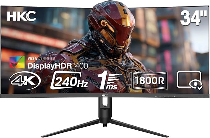 HKC CG345UK 34 Curved VA Gaming Monitor UltraWide 3440×1440 240Hz 1ms DIC HDR400 95% DCI-P3 Adjustable HAS DP+HDMI 2.1