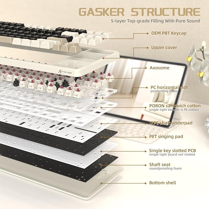 ATTACK SHARK X87 Wireless Mechanical Keyboard87 Keys Compact TKL Gasket Gaming KeyboardHot Swappable Custom Keyboard with Five-Layer PaddingFull RGB2.4G/USB-C/BTPre-lubed Switches (Retro White)