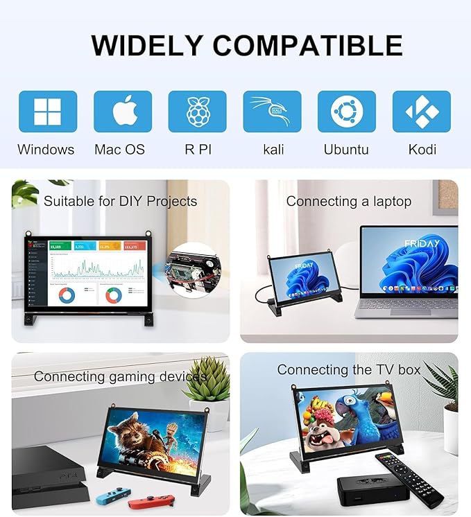 7 Inches Touchscreen Monitor HD 1024×600 IPS LCD Capacitive Touch Screen Compatible with R Pi 4B/3B+/3B/2/1B+/Zero Ora Pi 5 Por/3 Plus/3B/4B Ban Pi and Windows 10/8/7 (CX-070-A2 US)