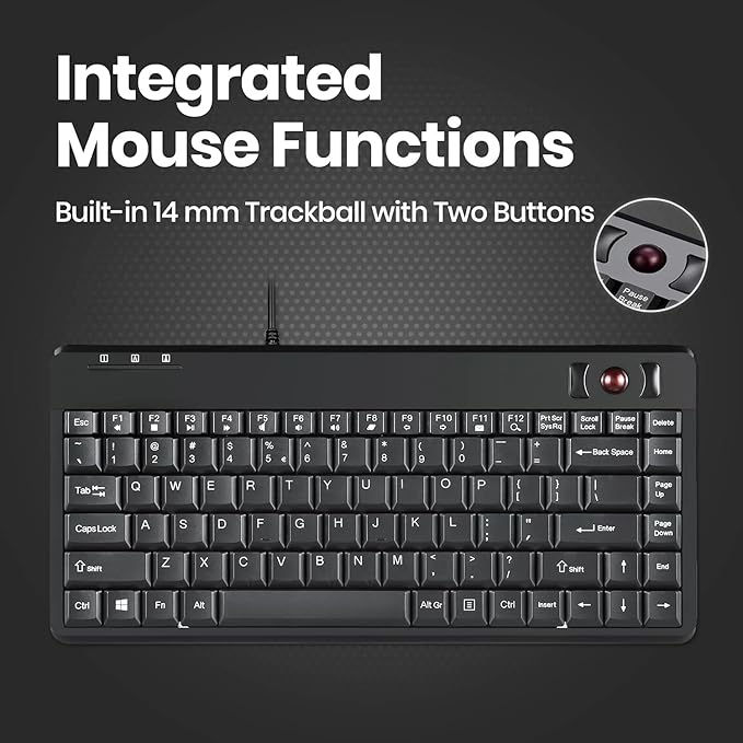 Perixx PERIBOARD-505H Wired Mini Keyboard with Built-in Trackball 0.55 Inch Trackball and 2 USB Hubs Black US English Layout