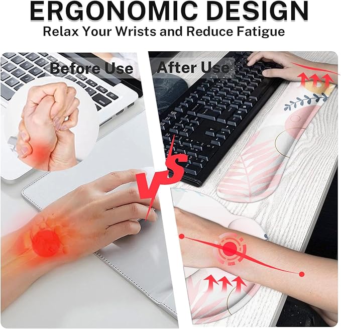 Arttown Pink Flower Botanical Desk Mat Leaves Vintage Mouse Pad Set with Wrist Support 4-in-1 Large Mousepad+Keyboard Wrist Rest+Mouse Wrist Rest+Coaster with Ergonomic Design Non-Slip Mat