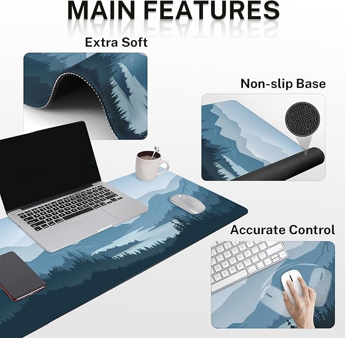 Arttown Mountains Wood Pine Desk Mat Blue Painting Mouse Pad Set with Wrist Support 4-in-1 Large Mousepad+Keyboard Wrist Rest+Mouse Wrist Rest+Coaster with Ergonomic Design Non-Slip Mat