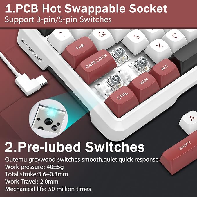 E-YOOSO 75% Wired Mechanical Gaming Keyboard Creamy Sound Hot Swappable Pre-lubed Linear Switches Gasket Structure Knob Control RGB Backlit Compact Custom for PC White/Red