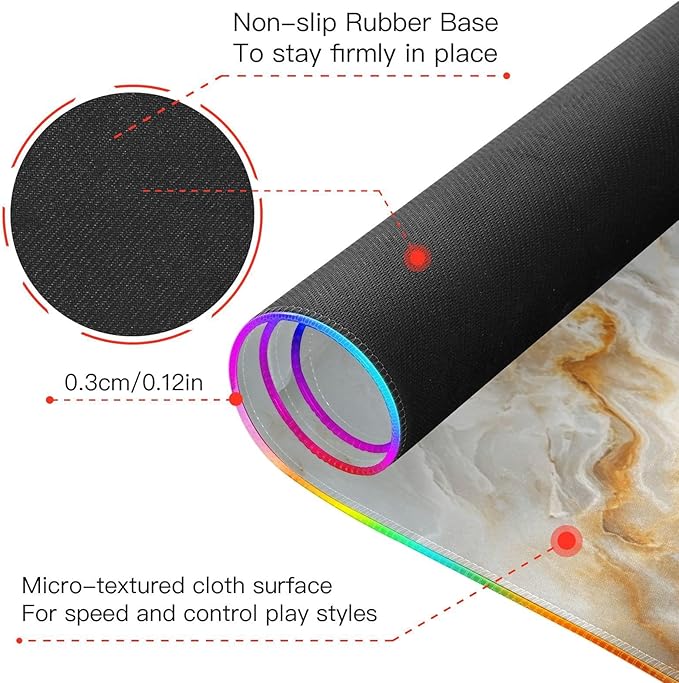 White Marble Gaming Mouse Pad Led Mousepads RGB Backlit with 14 Lighting Modes Non Slip Base Soft Computer Keyboard Mat for Gaming PC Laptop Desk M