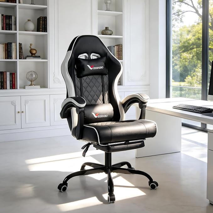 Gaming Chair for Adults with Footrest Lumbar &amp Headrest High Back Recliner Gamer Chair with Metal Legs 360° Swivel Height-Adjustable Leather Office Computer Chair (White)