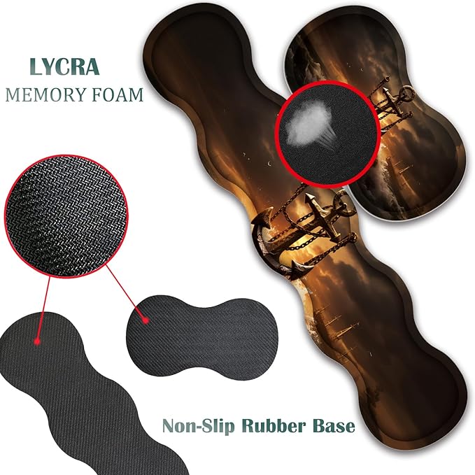 4 in 1 Mouse Pad Combo Large Gaming Mouse Pad + Keyboard Wrist Support + Mouse Wrist Rest + Coaster Table Pad 31.5 x 11.8 with Memory Foam Ergonomic Wrist Pad Set Waves and Anchors