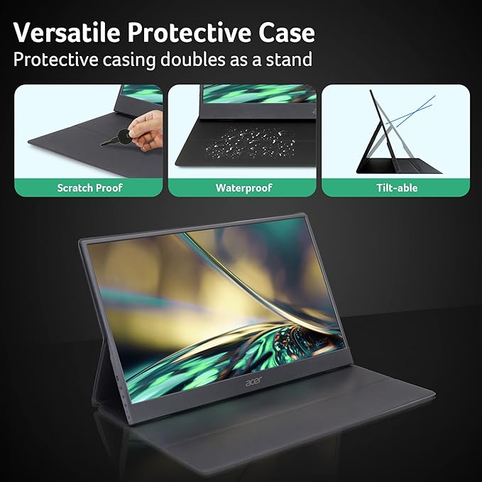acer Portable Monitor PM161Q Abmiuuzx 15.6 Full HD 1920 x 1080 IPS Ultra Slim Design Premium Cover I External Monitor for Laptop PC Mac I 2 x USB 3.1 Type-C Ports 1 x Mini HDMI 1 x Micro USB