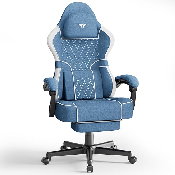 Ferghana Breathable Fabric Ergonomic Gaming Chair with Footrest and Linkage Armrest High Back Computer Game Chair with Massage Lumbar Support for Adult(Blue)