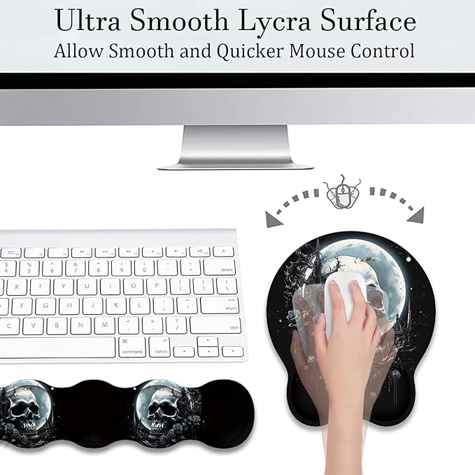 Mouse Wrist Rest and Keyboard Wrist Rest Pad+ Coaster Set Non-Slip Rubber Base Smooth Surface Ergonomic Gaming Mouse Pad for Easy Typing and Pain Relief Skull Rose Under The Moon