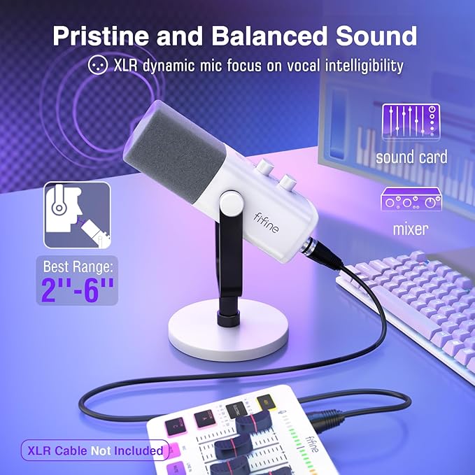 FIFINE Streaming Mic with XLR Cable and Low Profile Arm Set XLR Dynamic Micophone with Tap-to-Mute RGB Light 9.8ft Balanced CableAdjustable Boom Arm Kit for Streaming-AM8W+BM88W+L9W