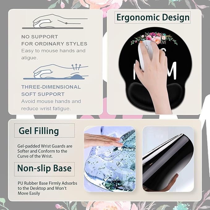 Large Mouse Pad Ergonomic Mouse Pad with Wrist Rest and Keyboard Wrist Rest 4 in 1 Set 31.5 x11.8 inch Extended Desk Pad for Home Office Cute Dog Mom Floral Pattern XXL Black Gaming Mouse Mat