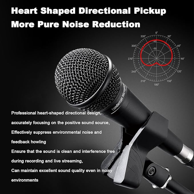 Handheld Condenser Microphone Professional Mic 48V Phantomes Power for Live Streaming Recording Performance Zinc Alloy Body with 300cm XLR Cable