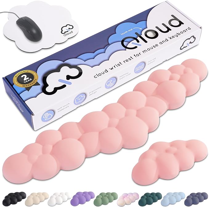 Qloud Cloud Wrist Rest Keyboard Wrist Rest for Computer Keyboard Pad Cloud Keyboard Wrist Rest Wrist Pad for Keyboard Memory Foam Non Slip Base Comes with Mouse Pad - Pastel Pink