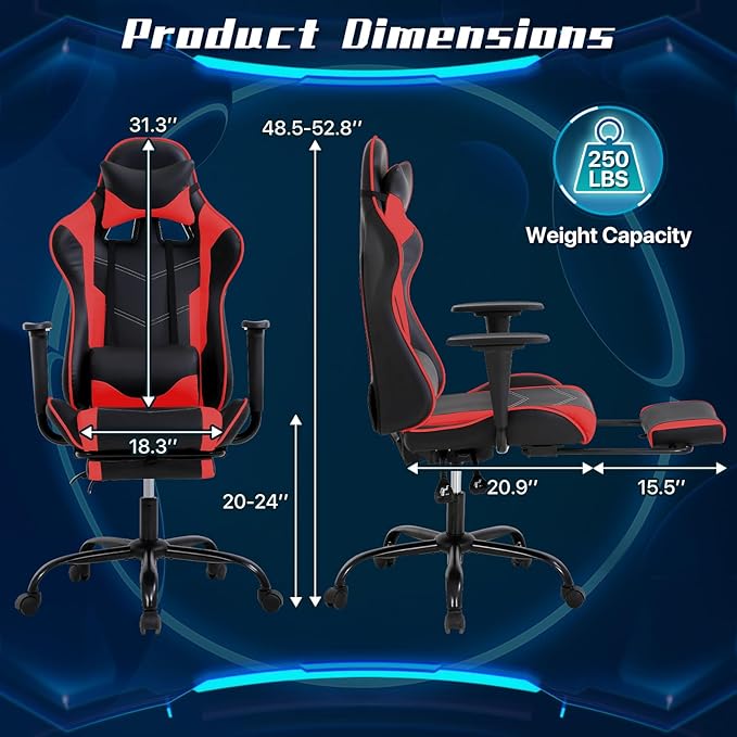 Ergonomic Gaming Chair with Footrest High Back PU Leather Office Desk Chair for Adults Teens Rolling Swivel Computer Chair (Red)