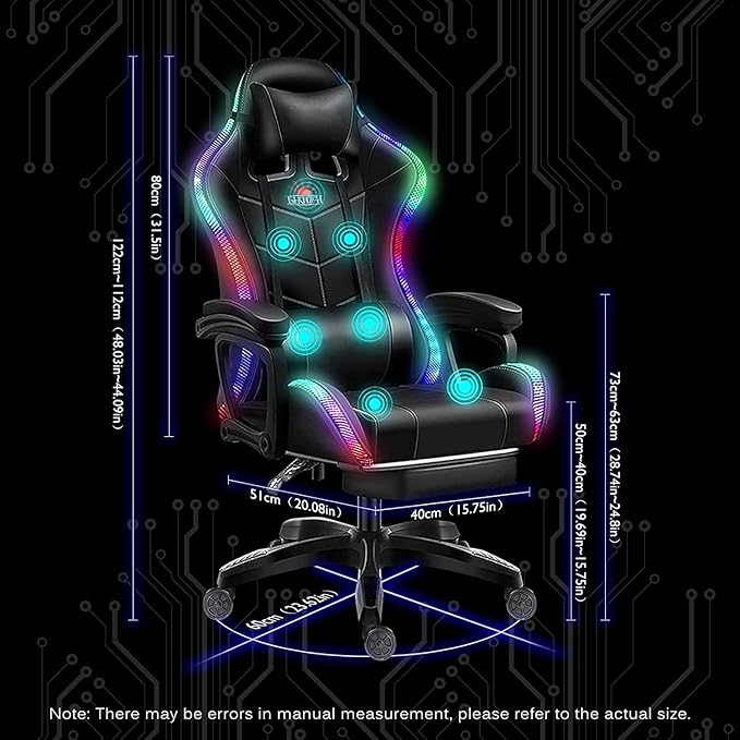 RGB Gaming Chair with Built-in Speakers Full Massager Computer Chair with Lumbar Support and Footrest Music Video Game Chair High Back Ergonomic Recliner Chair PU Swivel Office ChairWhite