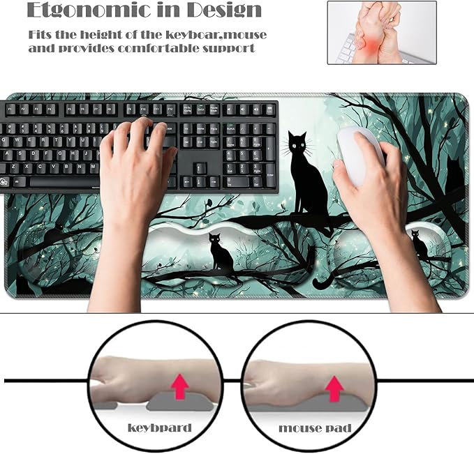 Ergonomic Keyboard Wrist Rest &amp Mouse Pad Wrist Rest SetXL Gaming Desk Mat 31.5x 11.8Non-Slip BaseMemory FoamEasy Typing Pain Relief for Office &amp HomeCats in Moonlit Forest