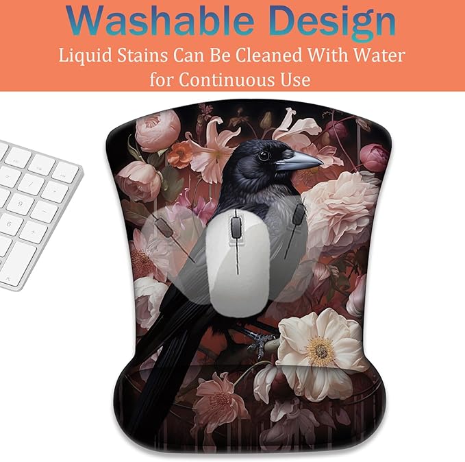 Ergonomic Keyboard Wrist Support Pad and Wrist Support Mouse Pad Anti-Slip with Gel Memory Mouse Pad Set Suitable for Office Use/Home Use - Magpie Peony Bird Flowers