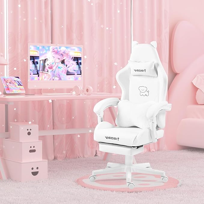 Cute Cat Ears Gaming Chair Girly Ergonomic Computer Chair with High Back 360° Swivel Office Computer Chair with Footrest and Paw Lumbar Cushion for Teens Girls Women (White)