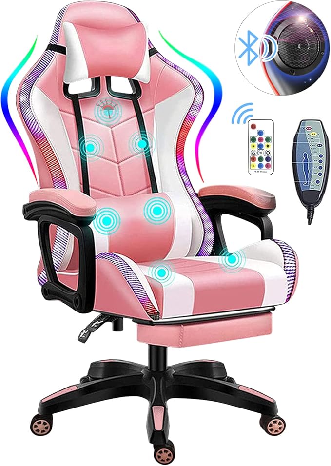Massage Video Gaming Recliner - Gaming Chair with RGB LED Lights - Ergonomic Office Computer Desk Chair with Foot rest - High Back PU Leather - Adjustable Reclining Office Swivel ChairPink