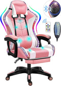 Massage Video Gaming Recliner - Gaming Chair with RGB LED Lights - Ergonomic Office Computer Desk Chair with Foot rest - High Back PU Leather - Adjustable Reclining Office Swivel ChairPink