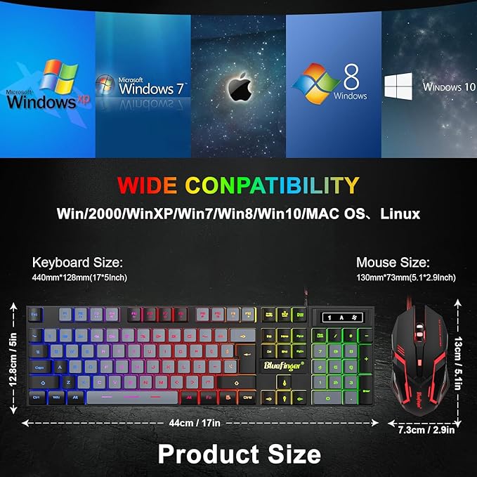 BlueFinger RGB Gaming Keyboard and Backlit Mouse Combo USB Wired LED Gaming Set for Laptop PC Computer Game and Work(Black &amp Gray)