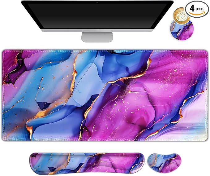 Large Gaming Mouse Pad Set 4 in 1 Ergonomics Keyboard Desk Mat with Memory Foam Wrist Rest Computer PC Extended Game Mousepad Non-Slip Desk Pad Matt Easy Typing Pain Relief I Colorful Marble