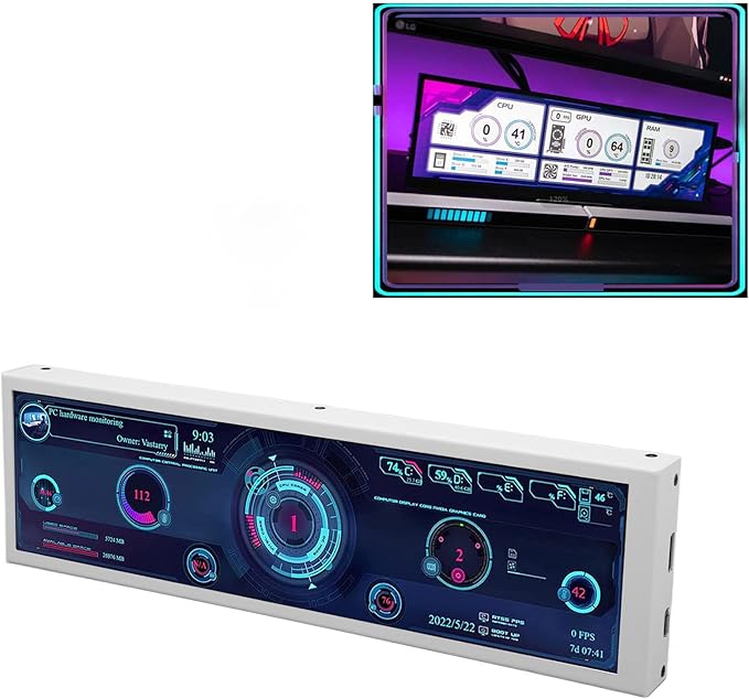 Dpofirs 8.8in Computer Temp Monitor PC Sensor Panel Display with DIY Theme 1920x480 CPU GPU Temperature Data Display Support for LinuxWindows
