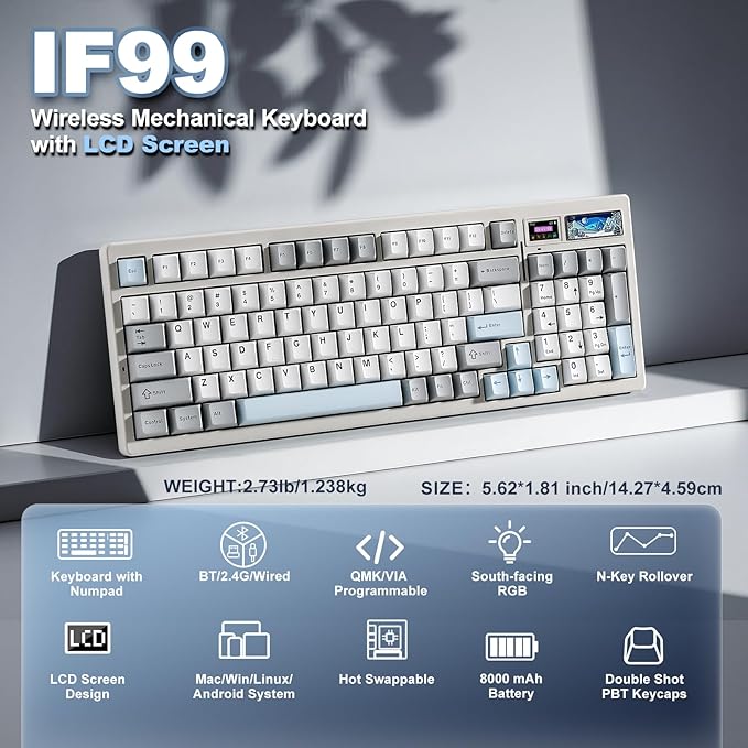 YUNZII IF99 Wireless Mechanical Gaming Keyboard with Smart LCD Display QMK/VIA Programmable BT/2.4G/USB-C Gasket Mounted Hot Swap RGB 96% Layout for Mac/Win (White Gateron Zero Switch)