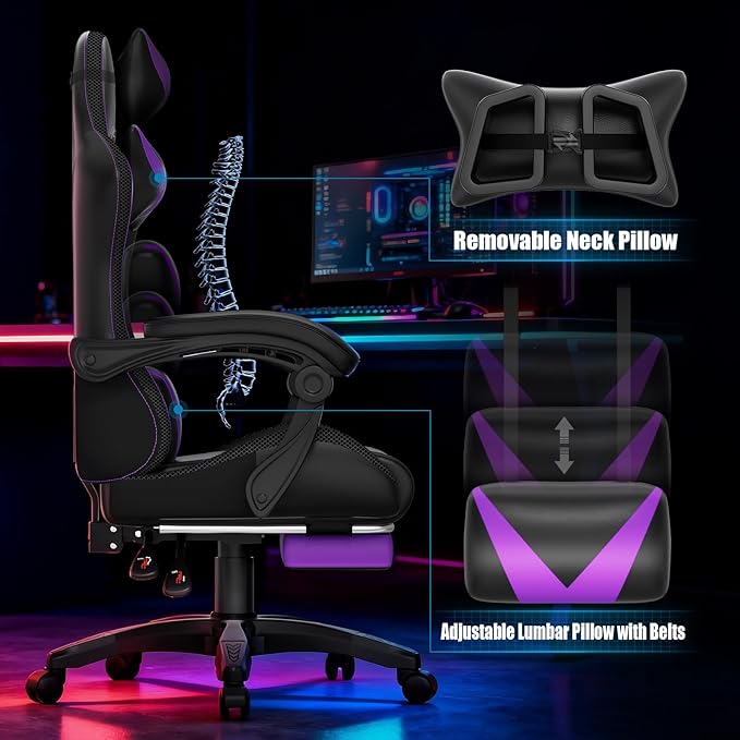 Gaming Chair RGB LED Lights Computer Chair with Footrest Lumbar Support Massager Gamer Chair High Back 90-135° Reclining Linkage Armrests Purple