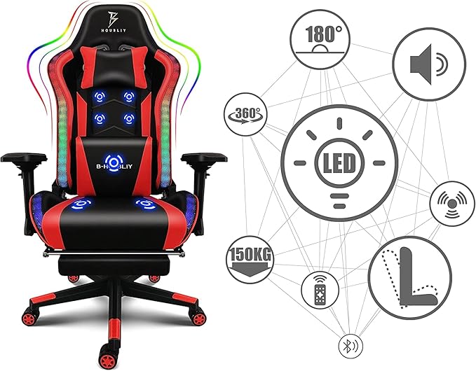 Gaming Chair with Full Massage Function High Back Racing Rocking Chair Gaming Chair with Speakers and RGB Lights Ergonomic Gaming Chair with Footrest. Adult Teen Computer Chair.Red