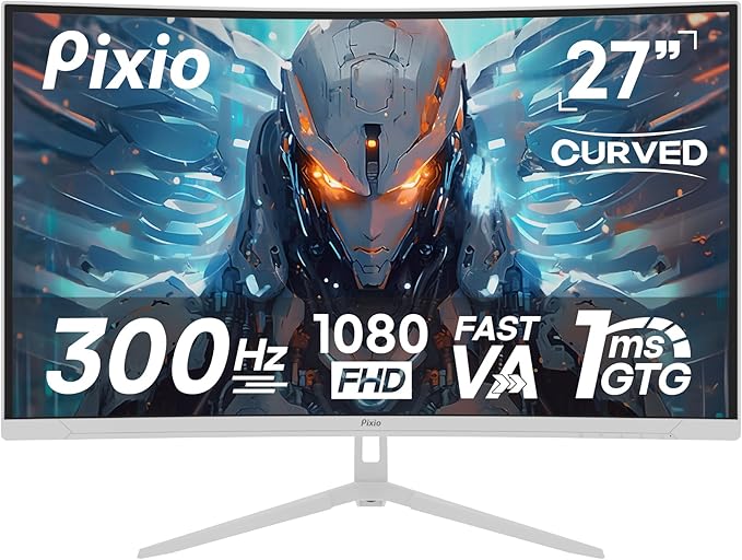 Pixio PXC279WAVE White 27 inch 300Hz Refresh Rate FHD 1080p Resolution 1650R Curve Fast VA Panel 1ms GTG Response Time HDR Curved Gaming Monitor and PS1S Wave White Single Monitor Arm