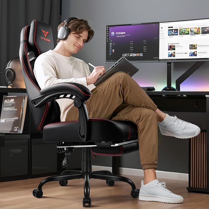VITESSE Big and Tall Gaming Chair 400lb Weight Capacity with Footrest Ergonomic Video Game Chair for Adults with Oversized Headrest and Lumbar Pillow Computer Chair Gaming for Office (Black+Red)
