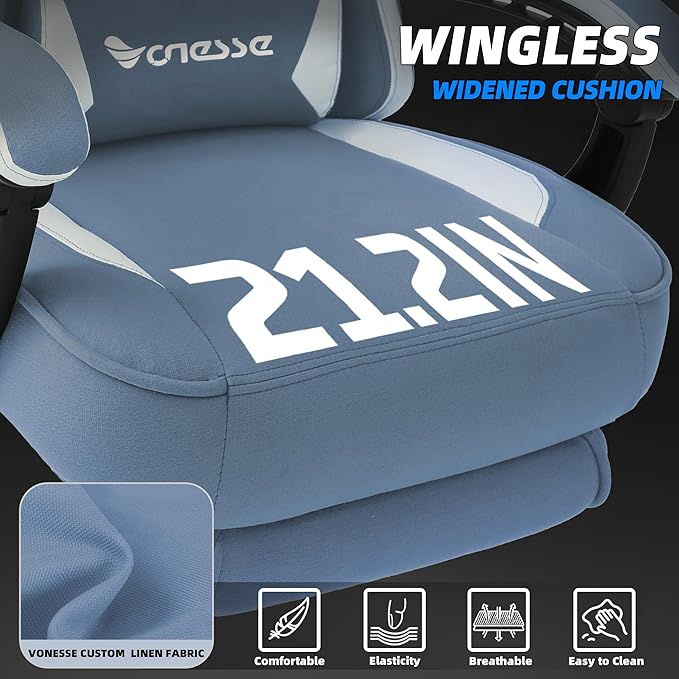 Vonesse Gaming Chair Computer Chair Fabric with Pocket Spring Cushion Office Chair with Footrest and Massage Lumbar Support Reclining Gaming Chairs for Adults 250LBS (Blue)