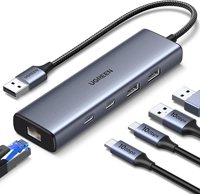 UGREEN USB to Ethernet Adapter 5 in 1 USB Hub with Ethernet with 2* USB-C 3.2 (10Gbps) + 1*USB-A 3.2/1*USB-A 2.0/Gigabit RJ45 Network LAN Internet Dongle Compatible for Laptop MacBook Pro/Air XPS