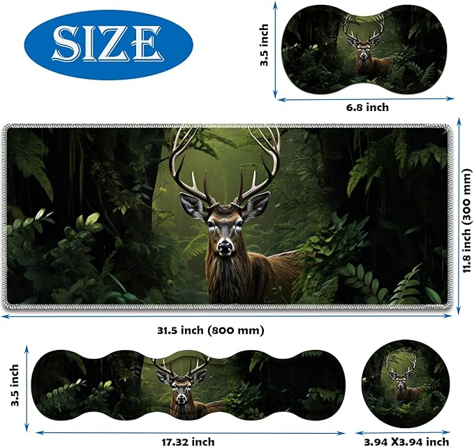 4 in 1 Mouse Pad Combo Large Gaming Mouse Pad + Keyboard Wrist Support + Mouse Wrist Rest + Coaster Table Pad 31.5 x 11.8 with Memory Foam Ergonomic Wrist Pad Set Camouflage Forest Deer