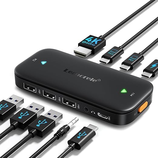 Lemorele USB C KVM Switch 2 Computer Sharing 4K@60Hz HDMI Monitor 100W PD Fast Charging 3×USB-A 2.0 + 1×USB-C 2.0 Data Ports 3.5mm Audio for Windows/Mac/Linux