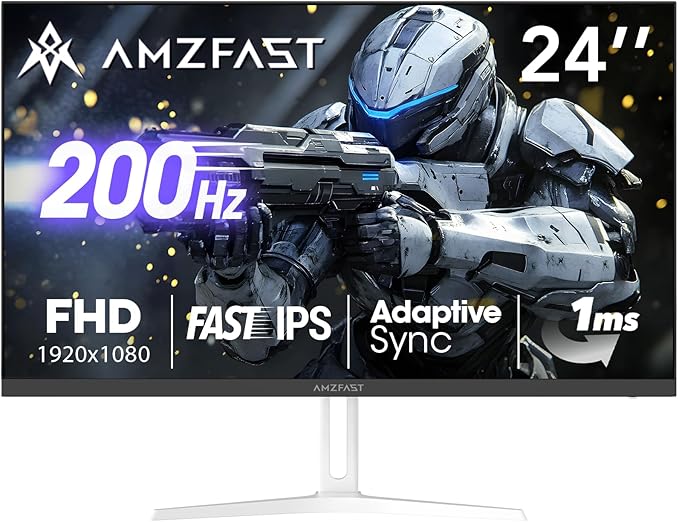 Amzfast 24 Inch Gaming Monitor 200Hz FHD 1080p Fast IPS Computer Monitor 110% sRGB 1ms HDR Support Adaptive Sync Eye Care VESA Mount HDMI 2.0 | Display Port 1.4 White Monitor AMZG24X1W