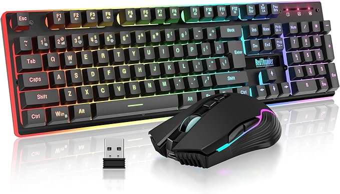 RedThunder K10 Wireless Gaming Keyboard and Mouse Combo RGB Backlight Rechargeable 3800mAh Battery 26-Key Anti-ghosting Keyboard + 7D 3200DPI Mice for PC Gamer