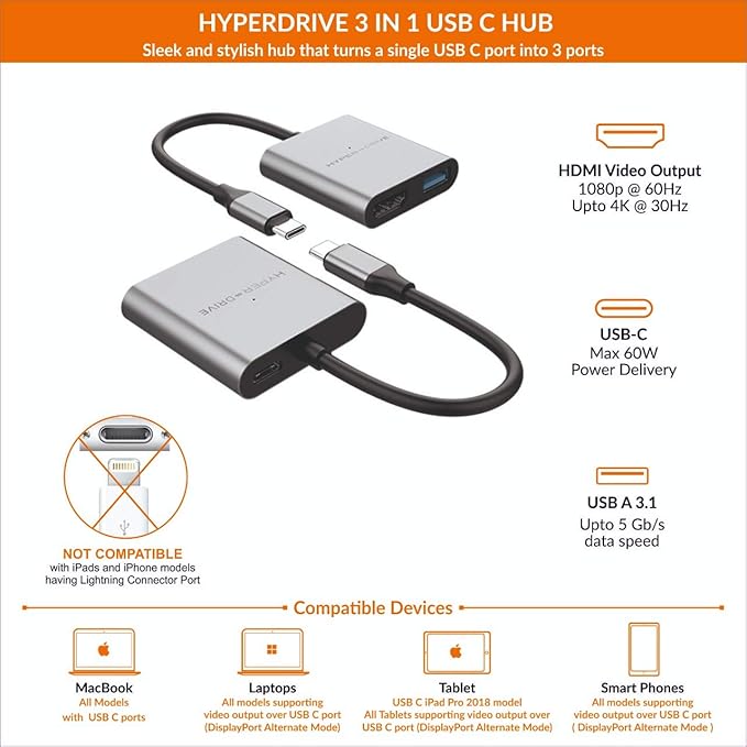 HyperDrive 4K HDMI 3-in-1 USB-C Hub for MacBook Chromebook - Silver