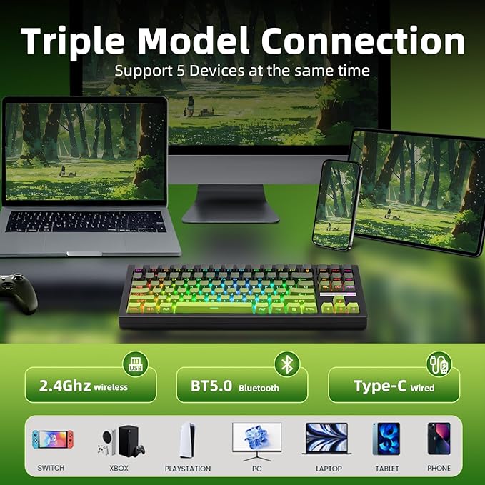 ZORNHER ZH870 Wireless Mechanical Gaming Keyboard80% Green Custom Creamy Sound Keyboard with Shine Through PBT KeycapsPre-lubed Linear SwitchesHot-SwappableRGB Backlit2.4GHz/USB-C/BT5.0