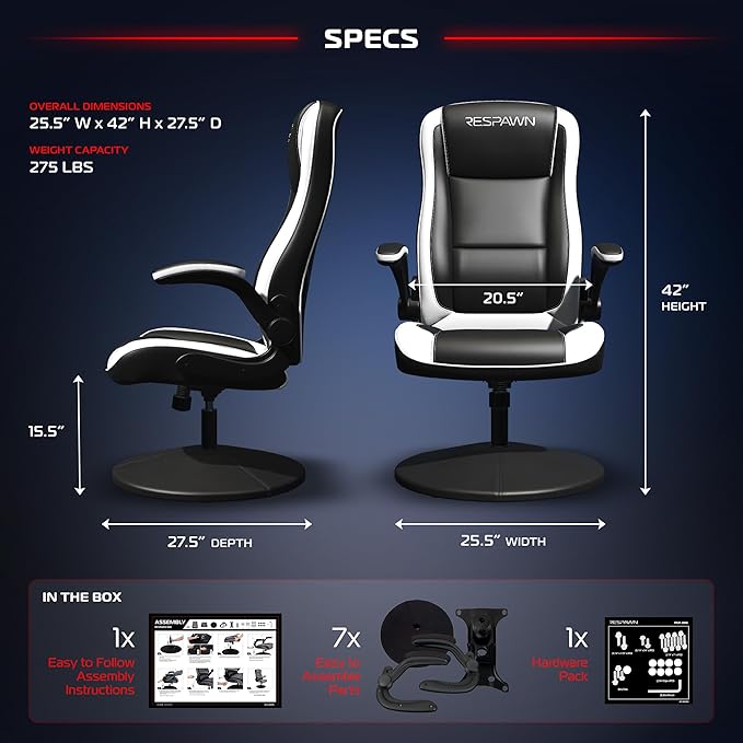 RESPAWN 800 Swivel Rocker Gaming Chair - Ergonomic Floor Gaming Seat with Lumbar Support Flip Up Armrest High Back Pedestal Base Comfortable No Wheels Console Video Game Rocker Chair - White