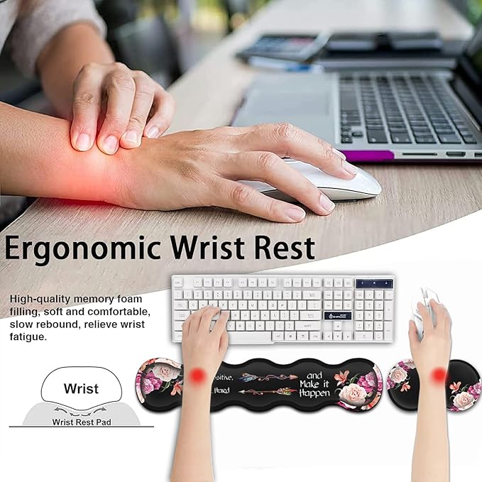 Keyboard Mouse Pad Wrist Rest Support Set Extended Black Gaming Mouse Pad Large XXL Mousepad + Ergonomic Memory Foam Wrist RestOffice Desk Mat Waterproof Writing Pad Work Hard Peony Flower