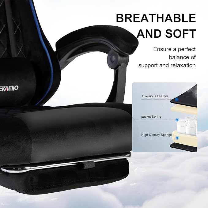 Velvet Gaming Chair for Adults with Pocket Spring Cushion SeatSoft Gaming Chair Fabric with Extendable Footrest Swivel Recliner with Ergonomic Lumbar Support and Headrest for Home/Office(Blue)